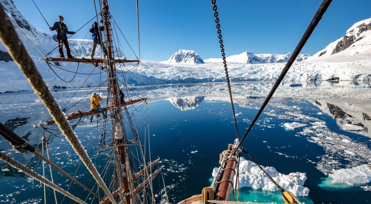 In the rigging of Bark EUROPA in Antarctica