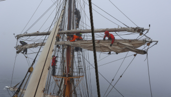 Busy furling again on the topsails this time as the wind died