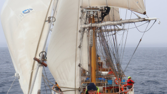 Unfurling the outer jib. Finally some great sailing