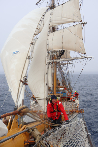 Unfurling the outer jib. Finally some great sailing