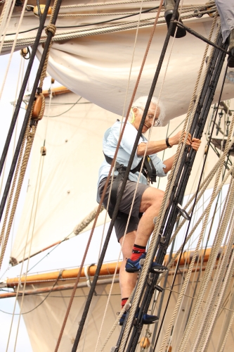 Climbing the rigging, sailing from Rarotonga to Tonga, Pacific Voyages