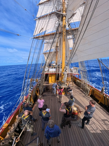 Climbing the rigging, sailing from Rarotonga to Tonga, Pacific Voyages