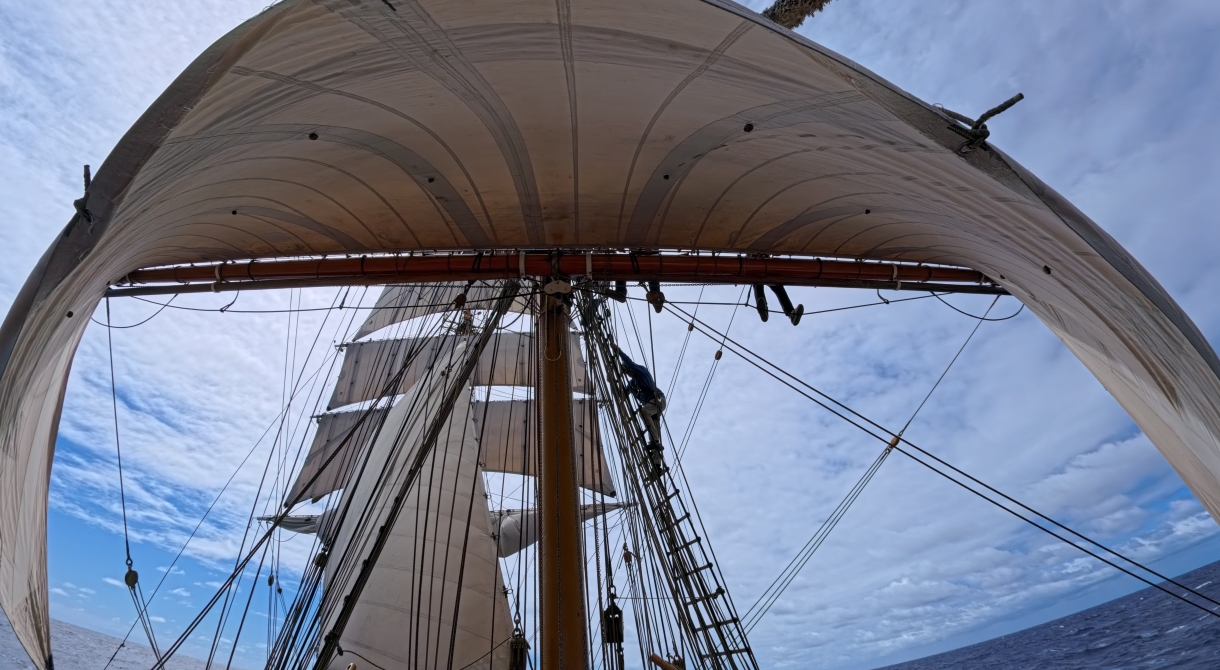 Climbing the rigging, sailing from Rarotonga to Tonga, Pacific Voyages
