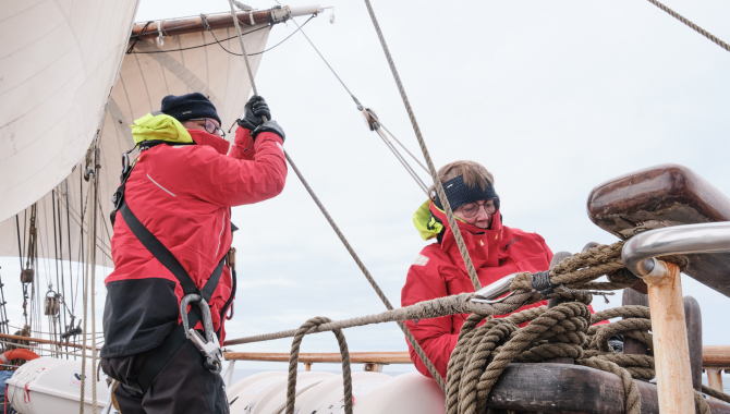 Unfurling the outer jib. Finally some great sailing