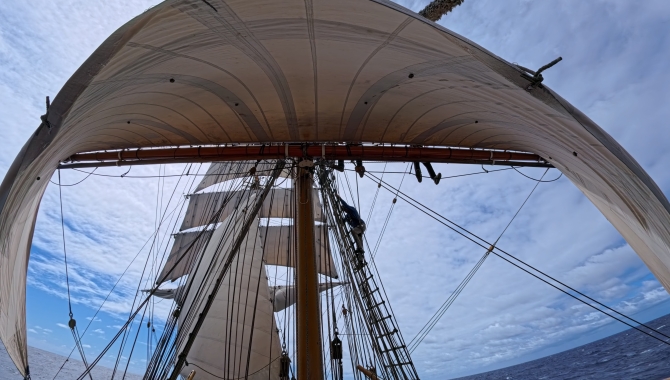 Climbing the rigging, sailing from Rarotonga to Tonga, Pacific Voyages