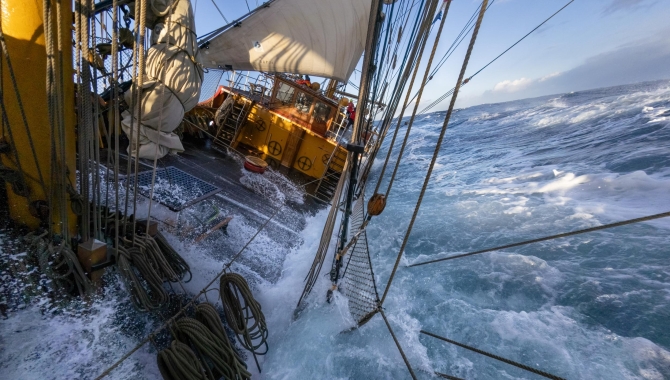 Rolling and water splashing on deck